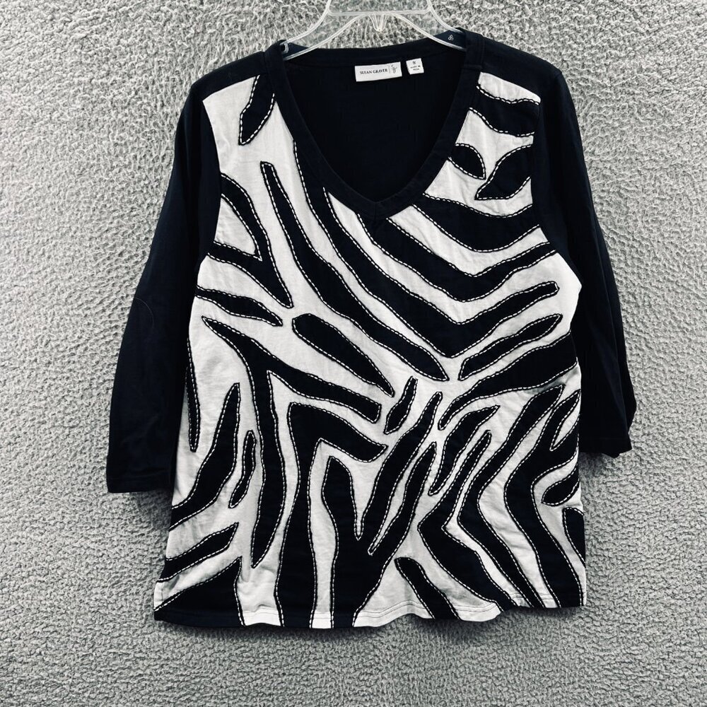 Susan Graver Womens Top 1X Black White 100% Cotton Zebra Print‎ Applique Shirt